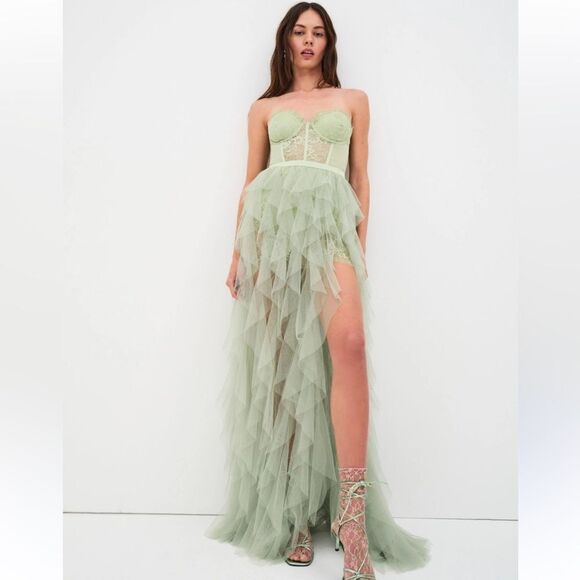 For Love And Lemons Bustier Gown sage green mesh lace wedding prom Revolve L - Picture 1 of 15